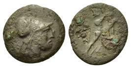 Kings of Macedon, Antigonos II Gonatas, circa 274/3-221. Æ (16,5mm, 3g). Pella or Amphipolis. Helmeted head of Athena to right. R/ Pan standing to rig...