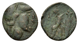 Kings of Macedon, Antigonos II Gonatas, circa 274/3-221 BC. Æ (16,5mm, 3g). Pella or Amphipolis. Helmeted head of Athena to right. R/ Pan standing to ...