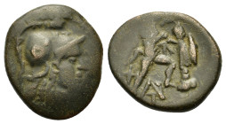 Kings of Macedon. Antigonos II Gonatas, c. 270-240 BC. Æ (18,2mm, 6.6g). Uncertain mint in Macedon. Helmeted head of Athena right. R/ Pan erecting tro...