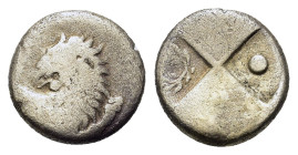 Thrace, Chersonesos, c. 386-338 BC. AR Hemidrachm (12,5mm, 2g). Forepart of lion r., head l. R/ Quadripartite incuse square, with alternating raised a...
