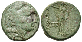 Thrace, Lysimacheia, c. 309-220 BC. Æ (22mm, 10.9g). Head of Herakles r., wearing lion skin. R/ Nike standin l., holding wreath and palm branch; monog...