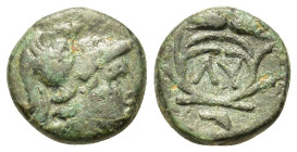 Thrace, Lysimacheia, c. 309-220 BC. Æ (10,2mm, 1.2g). Helmeted head of Athena r. R/ ΛY within wreath of corn. Moushmov 5518.