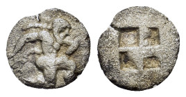 Islands off thrace, Thasos, c. 500-480 BC. AR Trihemiobol (10,6mm, 0.8g). Archaic satyr kneeling r. R/ Quadripartite incuse square. Rosen 145; SNG Cop...