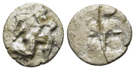 Islands off thrace, Thasos, c. 500-480 BC. AR Trihemiobol (10,8mm, 0.9g). Archaic satyr kneeling r. R/ Quadripartite incuse square. Rosen 145; SNG Cop...