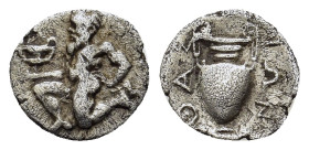 Island of Thrace, Thasos, c. 412-404 BC. AR Trihemiobol (11,4mm, 0.7g). Satyr kneeling l., holding kantharos. R/ Amphora. Le Rider, Thasiennes 27; SNG...