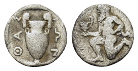 Islands off Thrace, Thasos, c. 404-340. AR Trihemiobol (11,7mm, 0.87g). Satyr kneeling l., holding kantharos and resting on hip. R/ Amphora; ΘAΣΙΩΝ ar...