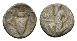 Islands off Thrace, Thasos, c. 404-340. AR Trihemiobol (10,8mm, 0.77g). Satyr kneeling l., holding kantharos and resting on hip. R/ Amphora; ΘAΣΙΩΝ ar...