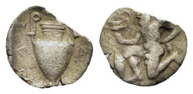 Islands off Thrace, Thasos, c. 404-340. AR Trihemiobol (11,7mm, 0.5g). Satyr kneeling l., holding kantharos and resting on hip. R/ Amphora; ΘAΣΙΩΝ aro...
