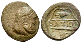 Islands off Thrace, Thasos, c. 168-90 BC. Æ (16,6mm, 2.7g). Head of Herakles r. wearing lion skin. R/ Bow and club; amphora within bow, monogram below...
