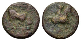 Thessaly, Krannon, c. 350-300 BC. Æ (14,4mm, 2.3g). Thessalian horseman wearing petasos and chlamys, galloping r. R/ Bull butting r; above, trident to...