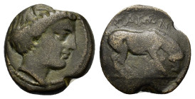 Thessaly, Larissa, c. 350-300 BC. Æ Dichalkon (16,6mm, 4.2g). Head of nymph Larissa r., hair in sakkos. R/ Crouching horse r., about to roll. BCD Thes...