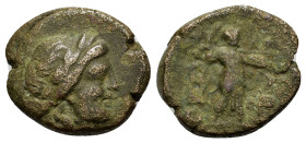 Thessaly, Thessalian League, mid-late 1st century BC. Æ Trichalkon (20,4mm, 7g). Laureate head of Apollo r. R/ Athena Itonia striding r., hurling spea...