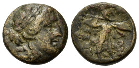 Thessaly, Thessalian League, mid-late 1st century BC. Æ Trichalkon (18,6mm, 6g). Laureate head of Apollo r. R/ Athena Itonia striding r., hurling spea...