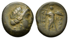 Thessaly, Thessalian League, mid-late 1st century BC. Æ Trichalkon (16,3mm, 4g). Laureate head of Apollo r. R/ Athena Itonia striding r., hurling spea...
