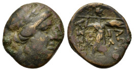 Thessaly, Thessalian League, mid-late 1st century BC. Æ Trichalkon (17,4mm, 5,7g). Laureate head of Apollo r. R/ Athena Itonia striding r., hurling sp...