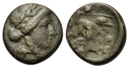 Thessaly, Thessalian League, mid-late 1st century BC. Æ Trichalkon (18,7mm, 7g). Laureate head of Apollo r. R/ Athena Itonia striding r., hurling spea...