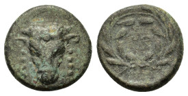 Phokis, Federal Coinage. c. 351 BC and later. Æ (17mm, 3,6g). Struck under Phalaikos. Head of bull facing, fillets hanging from ears. R/ΦΩ within wrea...