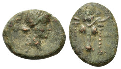 Phokis, Elateia. Early 2nd century BC. Æ (19,5mm, 4.4g). Head of bull facing, fillets hanging from ears; EΛ above. R/Laureate head of Apollo right; ΦΩ...