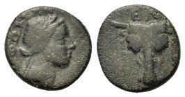Phokis, Elateia. Early 2nd century BC. Æ (15mm, 3.9g). Head of bull facing, fillets hanging from ears; EΛ above. R/Laureate head of Apollo right; ΦΩKE...