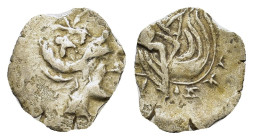 Euboia, Histiaia, c. 171-168 BC. AR Tetrobol (12,6mm, 0.5g). Wreathed head of the Nymph Histiaia r. R/ Nymph seated r. on stern of galley; wing on pro...