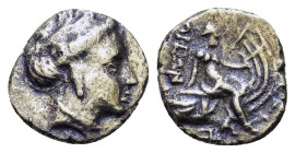 Euboia, Histiaia, c. 3rd-2nd centuries BC. AR Tetrobol (14mm, 2.15g). Wreathed head of the nymph Histiaia r. R/ Nymph seated r. on stern of galley; wi...