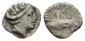 Euboia, Histiaia, c. 171-168 BC. AR Tetrobol (13,7mm, 1g). Wreathed head of the Nymph Histiaia r. R/ Nymph seated r. on stern of galley; wing on prow....