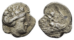 Euboia, Histiaia, c. 171-168 BC. AR Tetrobol (14,1mm, 1.6g). Wreathed head of the Nymph Histiaia r. R/ Nymph seated r. on stern of galley; wing on pro...