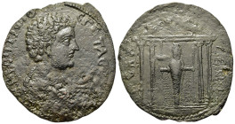 Geta (Caesar, 198-209). Caria, Mylasa. Æ (34,2mm, 19.5g). Draped and cuirassed bust r. R/ Tetrastyle temple of Zeus Labraundos; cult statue of the god...