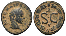 Elagabalus (218-222). Seleucis and Pieria, Antioch. Æ (18mm, 3.90g). Laureate head r. R/ Large SC, Δ above, Є below; all within laurel wreath. RPC VI ...