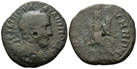 Philip I (244-249). Thrace, Bizya. Æ (29mm, 11.6g). Laureate and draped bust r. R/ Tyche seated r. holding rudder and cornucopiae. Moushmov 3512.