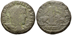 Philip I (244-249). Moesia Superior, Viminacium. Æ (27,6mm, 13.9g). Year 9 (AD 247/8). Laureate head r. R/ Moesia standing facing, head l., between bu...