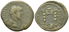 Philip I (244-249). Pisidia, Antioch. Æ (28mm, 10.4g). Radiate, draped, and cuirassed bust r. R/ Aquila between two signa, all surmounted by an eagle;...