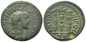 Philip I (244-249). Pisidia, Antioch. Æ (25,2mm, 7.1g). Radiate, draped and cuirassed bust r. R/ Three standards surmounted by eagles. RPC VIII, — (un...