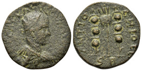 Volusian (251-253). Pisidia, Antioch. Æ (21mm, 5g). Radiate, draped and cuirassed bust r. R/ Aquila between two signa. SNG France 1295.