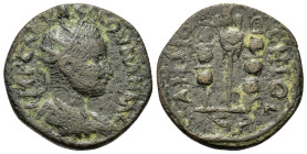 Volusian (251-253). Pisidia, Antioch. Æ (20mm, 5.2g). Radiate, draped and cuirassed bust r. R/ Aquila between two signa. SNG France 1295.