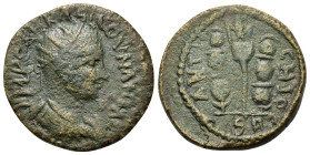 Volusian (251-253). Pisidia, Antioch. Æ (21mm, 5.5g). Radiate, draped and cuirassed bust r. R/ Aquila between two signa. SNG France 1295.