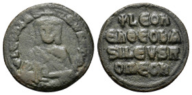 Leo VI (886-912). Æ 40 Nummi (26mm, 8g). Constantinople. Facing bust, wearing crown and chlamys, holding akakia. R/ Legend in four lines across field....