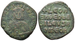Leo VI (886-912). Æ 40 Nummi (25mm, 6.55g). Constantinople. Facing bust, wearing crown and chlamys, holding akakia. R/ Legend in four lines across fie...