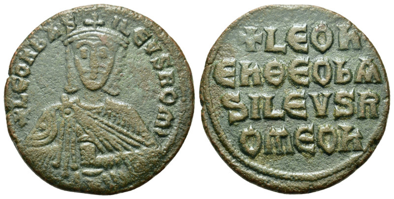 Leo VI (886-912). Æ 40 Nummi (24,4mm, 6.25g). Constantinople. Facing bust, weari...