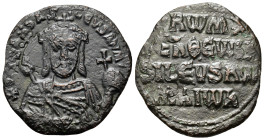 Constantine VII and Romanus I (913-959). Æ 40 Nummi (26mm, 4.9g). Constantinople, AD 931-944. Crowned facing half-length figure of Romanus, holding la...