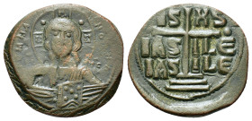 Anonymous, time of Romanus III (1028-1034). Æ 40 Nummi (26,8mm, 8g). Constantinople. Bust of Christ facing, holding Gospels. R/ Legend in three lines,...