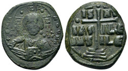 Anonymous, time of Romanus III (1028-1034). Æ 40 Nummi (25mm, 10.2g). Constantinople. Bust of Christ facing, holding Gospels. R/ Legend in three lines...