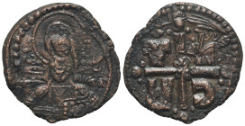 Romanus IV (1068-1071). Æ 40 Nummi (26mm, 5,3g). Constantinople. Nimbate facing bust of Christ, holding Gospels and raising hand in benediction. R/ C ...