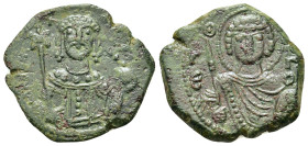 Manuel I (1143-1180). Æ Tetarteron (19,2mm, 3.6g). Thessalonica, AD 1152-1160. Facing bust of St. George, holding spear and shield. R/ Facing bust of ...