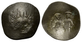 Alexius III (1195-1204). BI Aspron Trachy (23mm, 2.50g). Constantinople. Bust of Christ facing. R/ Alexius and St. Constantine standing facing, holdin...