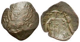 Latin Rulers of Constantinople (1204-1261). Æ Trachy. Constantinople. Bust of Christ facing, beardless and nimbate. R/ Full-length figure of emperor f...