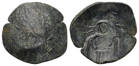 Latin Rulers of Constantinople, 1204-1261. Æ Trachy (26mm, 2.80g). Facing bust of Christ, holding scroll. R/ Emperor standing facing, holding cross-ti...