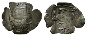 Latin Rulers of Constantinople, 1204-1261. Æ Trachy (19.5mm, 1.20g). [Facing bust of Christ?]. R/ Emperor standing facing, holding sceptre and globus ...
