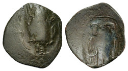 Latin Rulers of Constantinople. 1204-1261. Æ Trachy (18mm, 1.50g). Theotokos standing facing. R/ Sts. Peter and Paul embracing one another. Sear 2051....