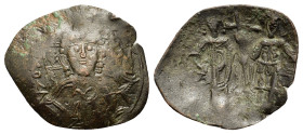 Theodore I Comnenus-Lascaris (1208-1222). BI Aspron Trachy (26mm, 2.10g). Magnesia. Facing bust of Christ Emmanuel. R/ Theodore and St. Theodore stand...